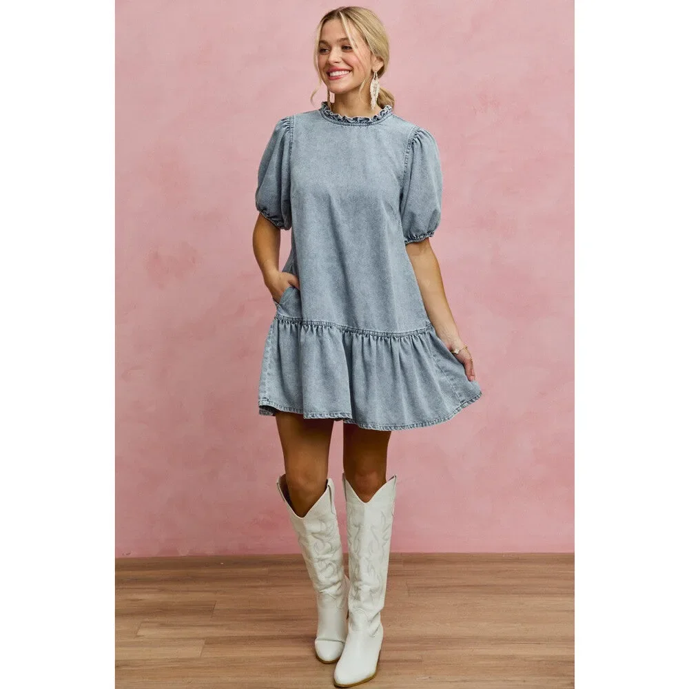 SO ME Denim Short Sleeves Mini Tiered Dress - Picture 13 of 15